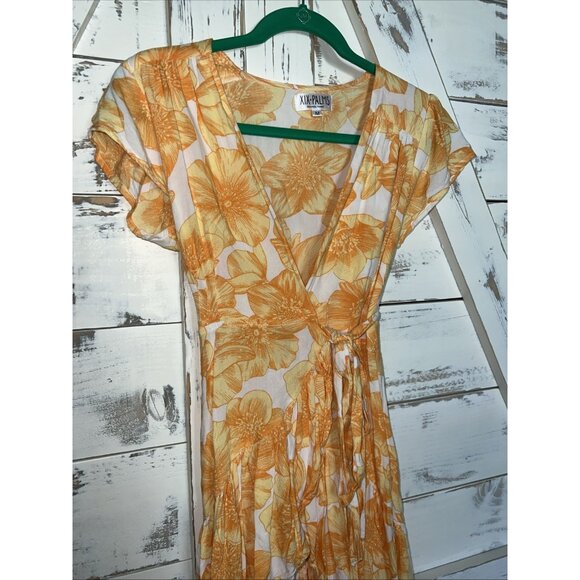 XIX Palms Madagascar Floral Party Mini Wrap Ruffle Tropical Dress M Orange White - Picture 3 of 12